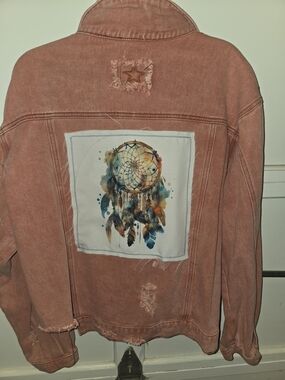POL faded Red Distressed washed denim jacket with dreamcatcher back patch
